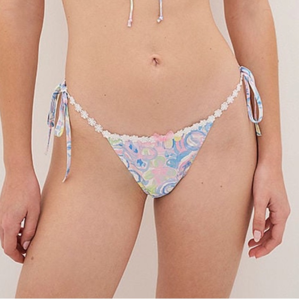 For Love And Lemons Midsummer Floral Thong Panty Blue Large NEW